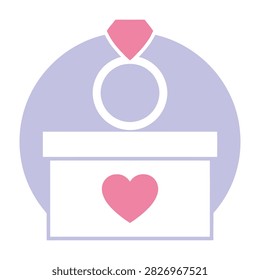 A minimalist flat icon representing a romantic proposal featuring an engagement ring inside a gift box adorned with a heart symbol, perfect for wedding concepts.