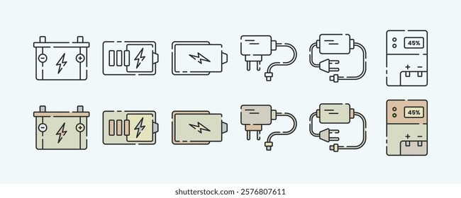 Minimalist Flat Icon Set for Battery, Charger, and Adapter with Outline and Illustration Variations