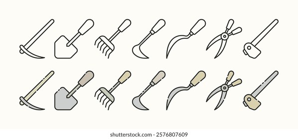 Minimalist Flat Icon Set for Essential Garden Tools with Outline and Illustration Variations