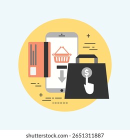 A minimalist flat icon set featuring elements related to mobile shopping, presented with clean lines and a modern aesthetic for digital use.
