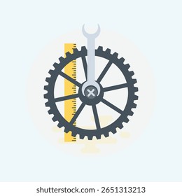 A minimalist flat icon set featuring gears and tools, presented in a clean, modern style with a focus on essential design elements and clear visual communication.