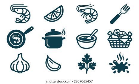 Minimalist flat icon set featuring shrimp, seafood, cooking tools, and ingredients including garlic, lime wedge, parsley, frying pan, boiling pot, soup bowl, and food basket on white.