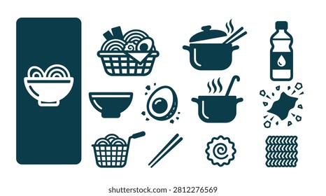 Minimalist flat icon set featuring ramen noodle preparation and ingredients, including bowls, steaming pots, hard-boiled egg, fish cake, and water bottle on white background.