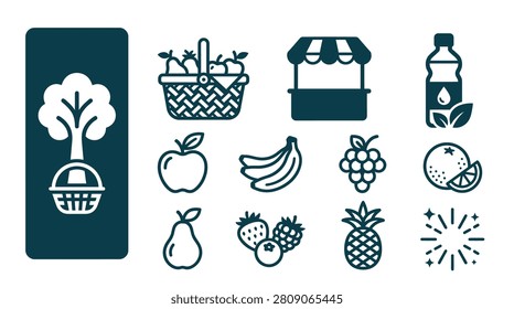 Minimalist flat icon set of healthy food items including apple, banana, grapes, orange, pear, berries, pineapple, water bottle, fruit basket, market stall, and orchard harvest graphics.