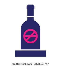 A minimalist flat icon showing a bottle marked with a forbidden sign, representing an alcohol free zone, sobriety, abstinence, or a ban on liquor consumption.