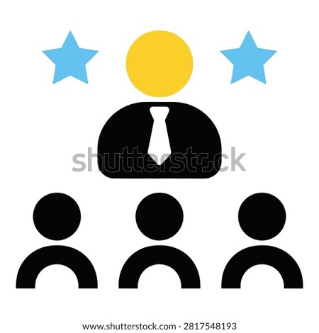 A minimalist flat icon showing a business leader with a tie and yellow head standing above a group of employees. Represents management, team, and corporate staff.