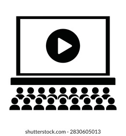 A minimalist flat icon showing a crowd of people watching a presentation or film on a large display. Perfect for theater, cinema, conference, or media concepts.