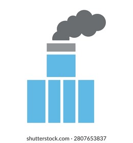 A minimalist flat icon showing a factory building with smoke rising from a chimney, symbolizing industrial air pollution, climate change, and environmental impact.