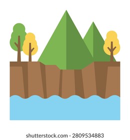 A minimalist flat icon showing a natural landscape scene with mountain peaks, a rocky cliff edge, trees, and a calm body of water. Perfect for travel or map design.