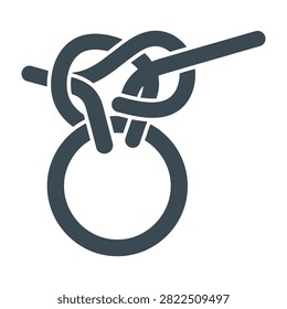 A minimalist flat icon showing a secure rope knot tied tightly around a circular metal ring. Ideal for sailing, maritime, outdoor adventure, and camping concepts.