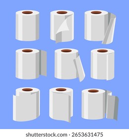 Ícones planos minimalistas de rolos de papel (papel higiênico, recibos, plantas, etc.). Negrito, escalável, ideal para designs impressos ou digitais relacionados a impressão, higiene, escritório ou construção.