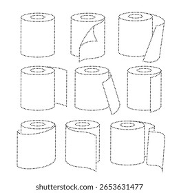 Ícones planos minimalistas de rolos de papel (papel higiênico, recibos, plantas, etc.). Negrito, escalável, ideal para designs impressos ou digitais relacionados a impressão, higiene, escritório ou construção.