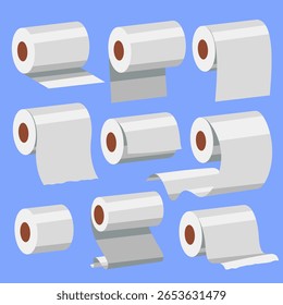Ícones planos minimalistas de rolos de papel (papel higiênico, recibos, plantas, etc.). Negrito, escalável, ideal para designs impressos ou digitais relacionados a impressão, higiene, escritório ou construção.