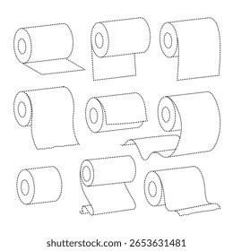 Ícones planos minimalistas de rolos de papel (papel higiênico, recibos, plantas, etc.). Negrito, escalável, ideal para designs impressos ou digitais relacionados a impressão, higiene, escritório ou construção.