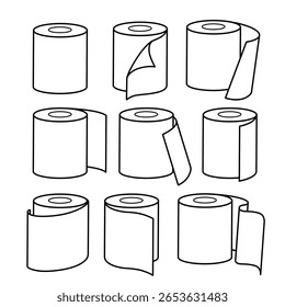 Ícones planos minimalistas de rolos de papel (papel higiênico, recibos, plantas, etc.). Negrito, escalável, ideal para designs impressos ou digitais relacionados a impressão, higiene, escritório ou construção.