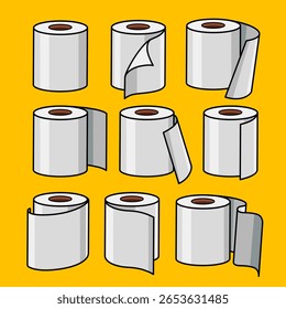Ícones planos minimalistas de rolos de papel (papel higiênico, recibos, plantas, etc.). Negrito, escalável, ideal para designs impressos ou digitais relacionados a impressão, higiene, escritório ou construção.