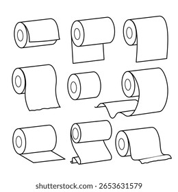 Ícones planos minimalistas de rolos de papel (papel higiênico, recibos, plantas, etc.). Negrito, escalável, ideal para designs impressos ou digitais relacionados a impressão, higiene, escritório ou construção.