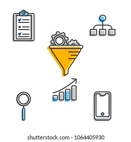 Minimalist flat icons in set showing modern business work flow with technology and goals setting. 