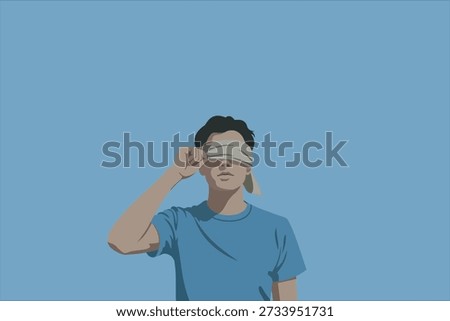 Minimalist flat illustration of a blindfolded man symbolizing uncertainty, ignorance, trust, or lack of awareness. Concept for psychology, decision making, and abstract ideas. Vector illustration.