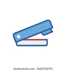 Uma ilustração plana minimalista de um grampeador azul em um fundo branco. Retrata equipamentos de escritório modernos e limpos com design delineado.
