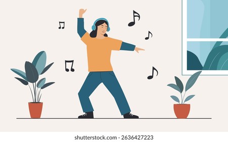 Una ilustración plana minimalista de un niño bailando solo con auriculares. Postura divertida, notas musicales. Ligero y alegre.