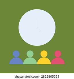 Minimalist flat illustration of a clock icon positioned above four colorful human silhouettes.