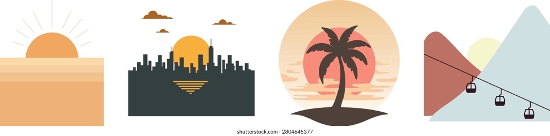 A minimalist flat illustration collection featuring scenic sunset themed graphics, including a layered sun horizon, city skyline at dusk, tropical beach sunset, and a mountain cable car landscape. The set represents travel, relaxation, nature views, and modern destination inspired visuals.