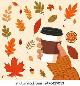 Minimalist flat illustration of a cup of coffee in a woman's hand on a background of autumn leaves. Vector cartoon illustration.