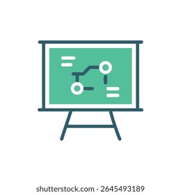 Ilustração plana minimalista representando uma placa de apresentação com um diagrama de fluxograma exibido, perfeito para os contextos de negócios e educacionais.