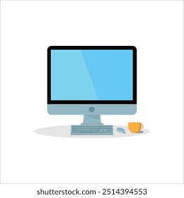 Minimalist flat illustration of a desktop computer setup with a monitor, keyboard, and mouse on a light-colored desk. A small orange coffee cup sits to the right of the mouse, adding a pop of color.