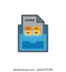 A minimalist flat illustration featuring a blue file folder containing document with colored rectangles on White Background.