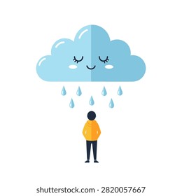 A minimalist flat illustration featuring a large, blue, smiling cloud with closed eyes raining down on a person wearing a yellow hoodie. The person is viewed from behind, standing calmly under the gentle rain. The design uses a clean, modern aesthetic with soft colors on a plain white background, symbolizing peace, nature, or a positive outlook on rainy days.