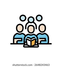 A minimalist flat illustration featuring three people reading a book together, illuminated by three circles.