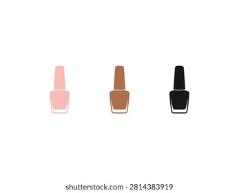 A minimalist flat illustration featuring three glass bottles of nail polish in soft pink neutral brown and classic black shades arranged in a row.