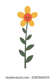 Minimalist flat illustration of a flower on a long stem with leaves. Simple children's style, suitable for prints, cards, decorations, and creative designs.