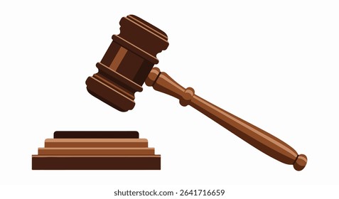 Minimalist flat illustration of a gavel poised above a sound block, rendered in dark and light brown tones with clean, graphic lines