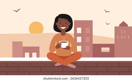 A minimalist flat illustration of a girl sitting on a rooftop at sunset, holding a cup of tea. Soft warm colors, simple background