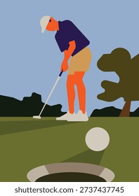 Minimalist flat illustration of a golfer putting a ball into the hole on a green field.