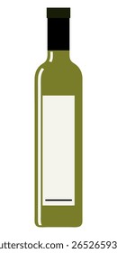 A minimalist, flat illustration of a green glass bottle with a black cap and a blank white label, perfect for product mockups or design elements.