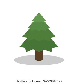 Minimalist flat illustration of a green pine tree with a brown trunk and soft shadow on a white background. Ideal for nature-themed content, environmental design, and holiday decorations.