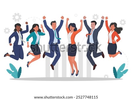 Minimalist Flat Illustration of a Group of Cheerful People Jumping with Raised Hands, Highlighting Friendship, Success, and the Joy of Celebrating Together