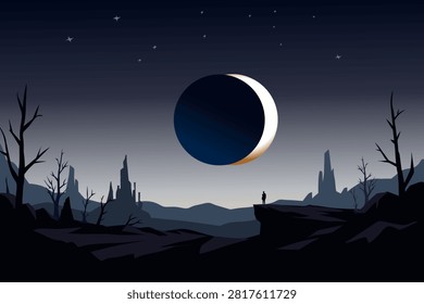 A minimalist flat illustration of a lone silhouetted figure standing on a rocky cliff edge, gazing at a dramatic lunar eclipse glowing in a dark starry night sky. The desert landscape features dead leafless trees, distant rock formations, and mountain silhouettes, creating a mysterious and contemplative atmosphere. Perfect for concepts of solitude, wonder, exploration, astronomy, and nature's beauty