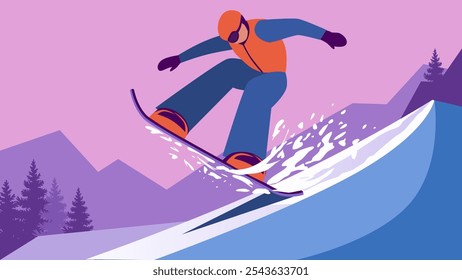 Ilustración plana minimalista de un hombre que baja la velocidad de la montaña en una tabla de snowboard realizando un truco extremo para el fondo, postal o Anuncio.