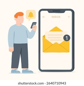 Minimalist Flat Illustration Man Checking Email Notification on Mobile Phone Digital Communication