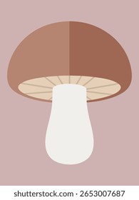 Uma ilustração minimalista e plana de um cogumelo contra um fundo rosa macio. O cogumelo apresenta um chapéu marrom com brânquias visíveis e um caule branco, renderizado em um estilo simples e moderno.