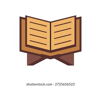 Minimalist flat illustration of an open book displayed on a wooden stand. Perfect for education, religious studies, reading, or knowledge-related design projects.