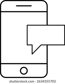 Minimalist flat illustration of a phone with a speech bubble, drawn in simple line art without colors, symbolizing messaging, communication, and conversation in modern digital interactions.