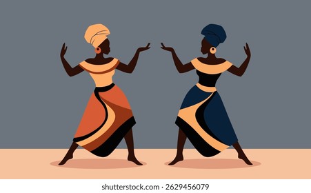 A minimalist flat illustration representing african culture. African women dancing in traditional clothing, inspired by folk art. 