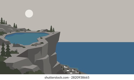 A minimalist flat illustration of a rocky cliff overlooking a vast ocean with a small village nestled at the base under a pale moon.