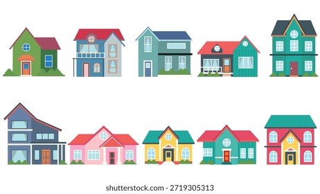 Conjunto de ilustración plana minimalista de diez coloridas casas lindas. Diversos diseños residenciales perfectos para trabajos de diseño de bienes raíces, mapas de vecindarios, arquitectura y temas de vivienda